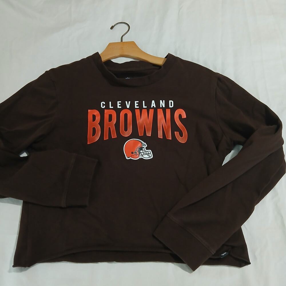 NFL Team Apparel Small CLEVELAND BROWNS Crop Long-Sleeved Stretch Thick-Knit Top